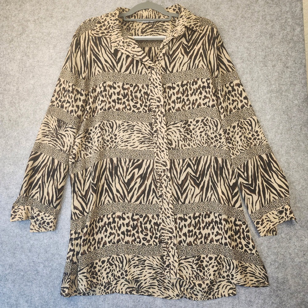 Mixed Animal Print Button Up Shirt Leopard Zebra Stripe Long Sleeve Tunic Blouse